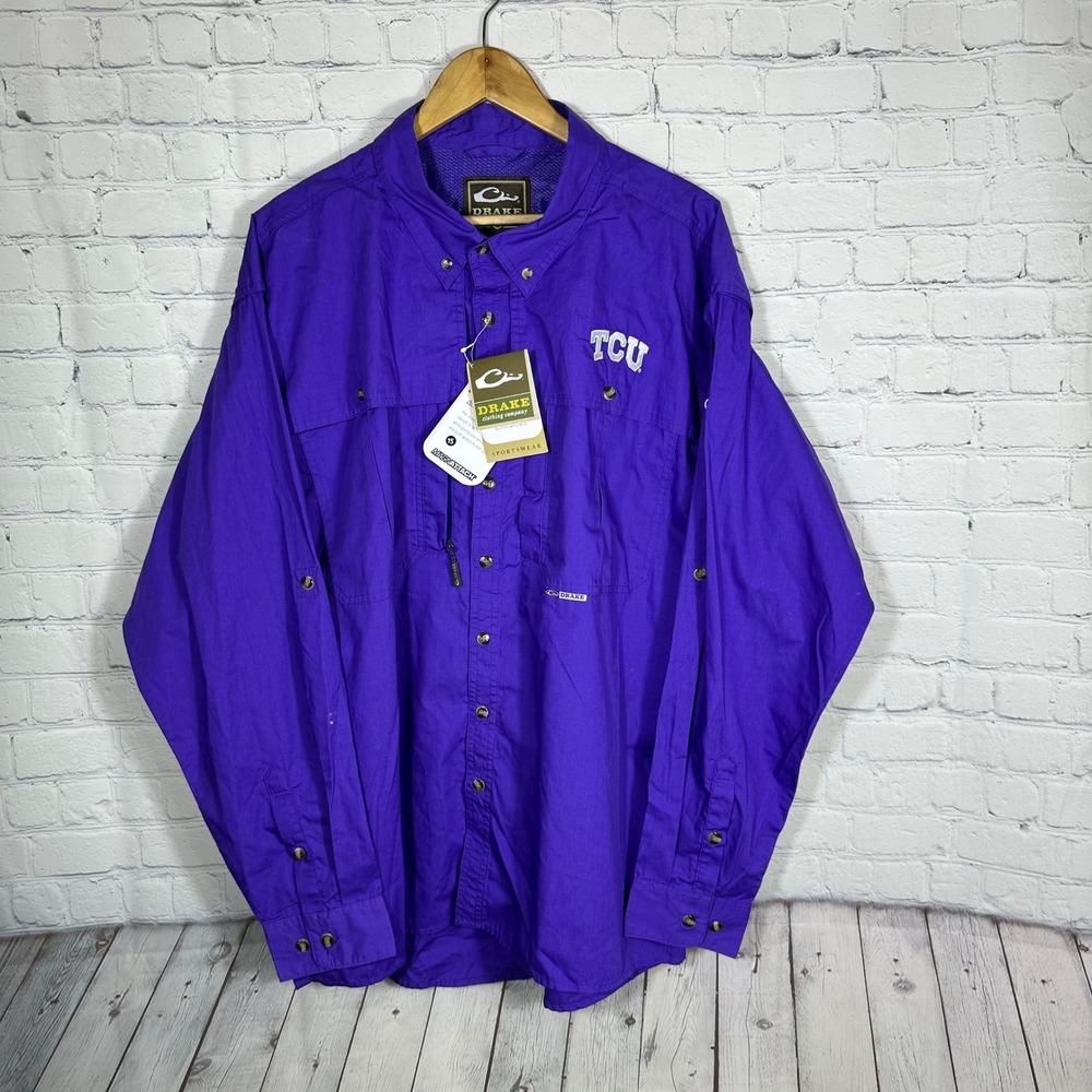 Drake Waterfowl TCU Horned Frogs Wingshooter Shirt Purple Mens XL Magna